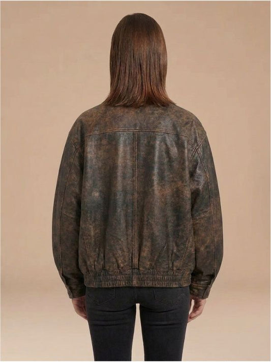 90s Ladies Distressed Brown Vintage Bomber Leather Jacket