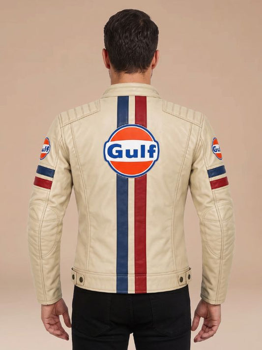 Men's Cream Leather Racing Jacket, Blue & Red Striped Motorcycle Moto Jacket