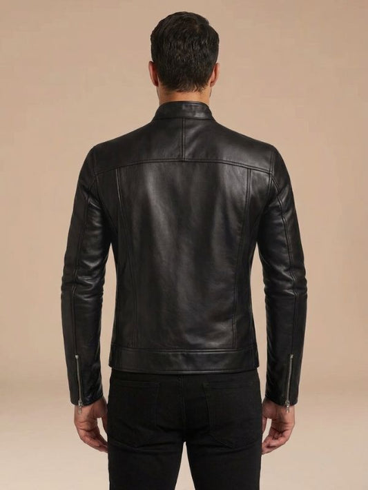 Men's Cafe Racer Zip Pocket Leather Jacket