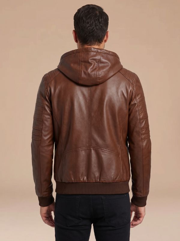 Men's Quilted Shoulder Brown Hooded Leather Jacket