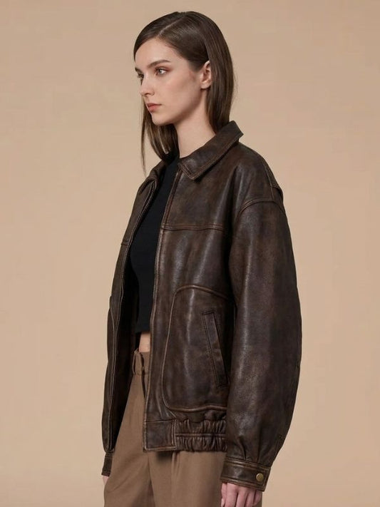 Vintage 90s Women’s Brown Leather Bomber Jacket