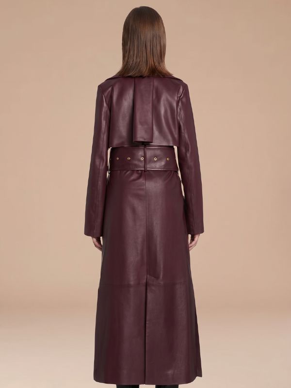 Women's Full-Length Double-Breasted Maroon Leather Coat