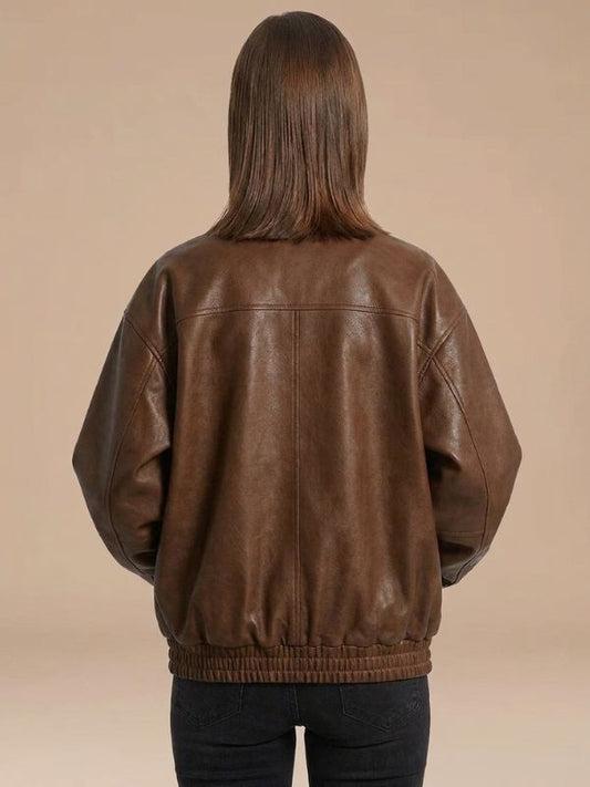 Women's Retro Oversized Brown Leather Bomber Jacket