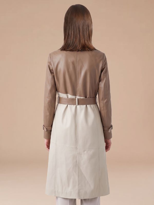 Women's Two-Tone Leather Trench Coat with Contrast Belt Detail