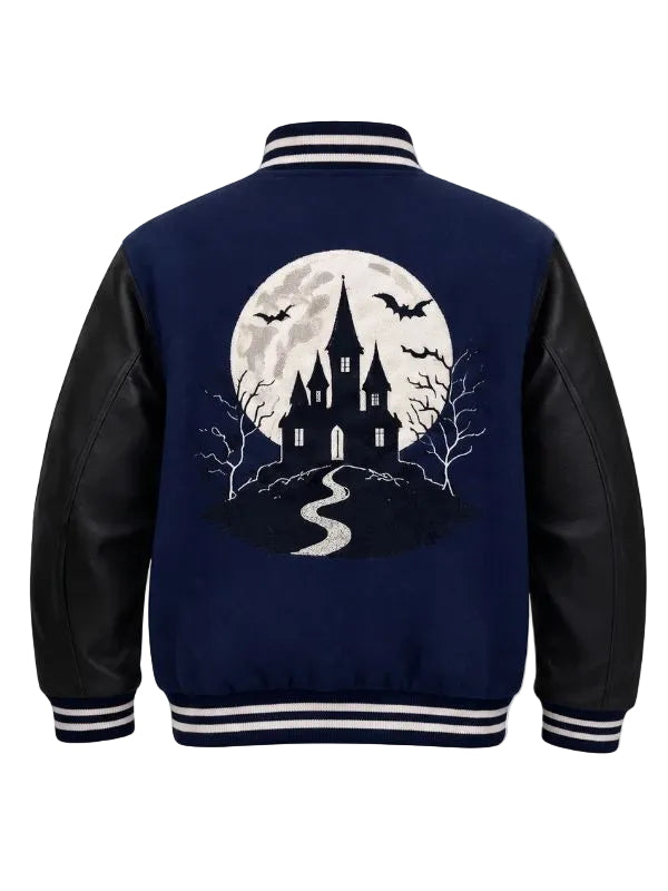 Bat Haunted House Navy Blue and Black Varsity Jacket