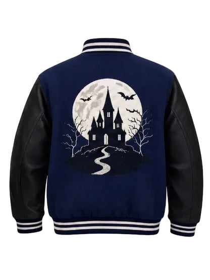 Bat Haunted House Navy Blue and Black Varsity Jacket