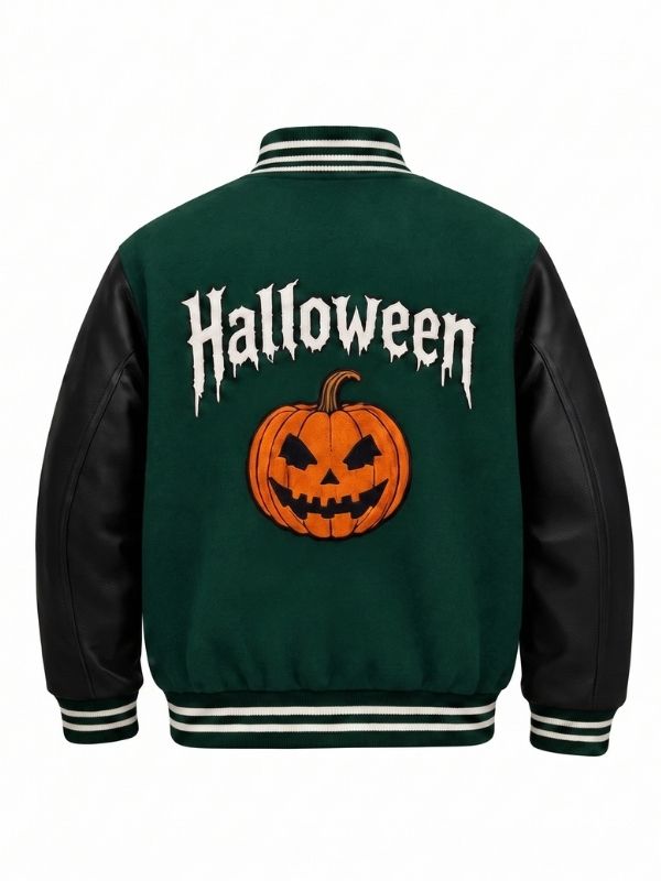 Gothic Jack-O'-Lantern Green and Black Varsity Jacket