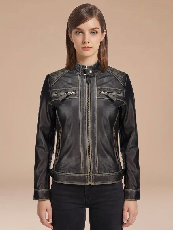 Hailey Quilted Distressed Black Leather Biker Jacket