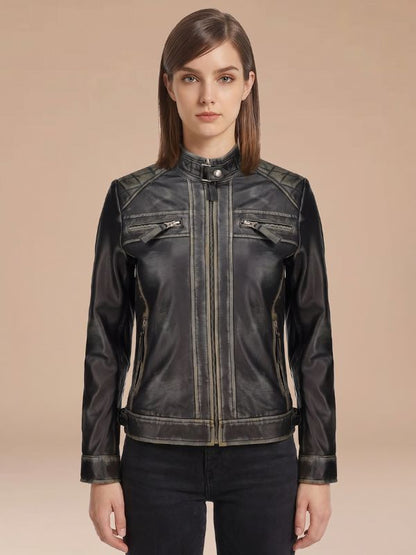 Hailey Quilted Distressed Black Leather Biker Jacket