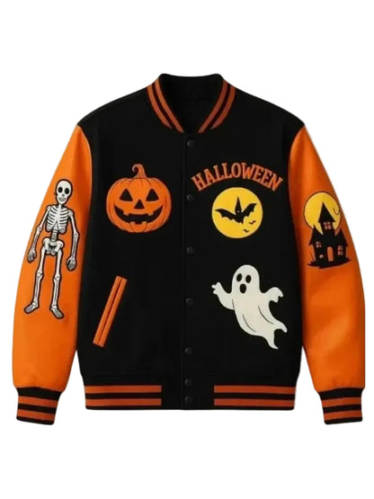 Halloween Pumpkin House Skeleton Varsity Jacket