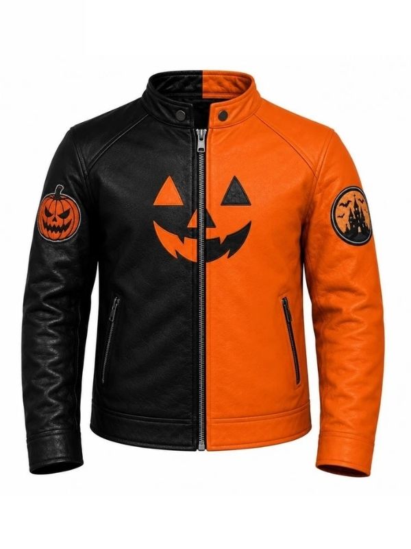 Jack-O'-Lantern Black and Orange Leather Biker Jacket