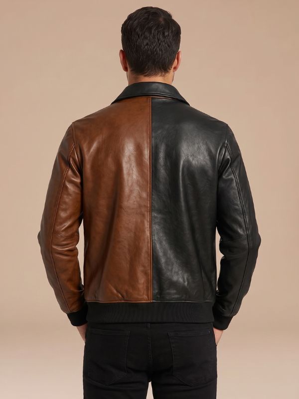 Men's Black Brown Color-Block Leather Bomber Jacket