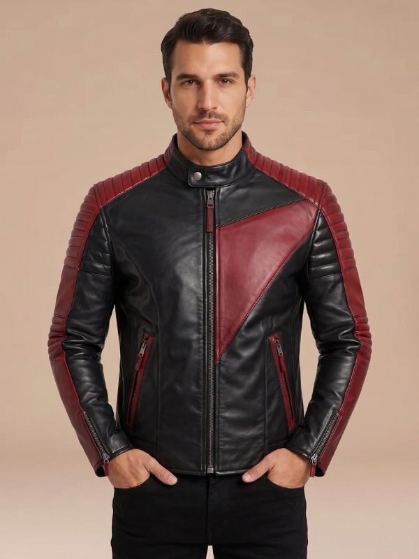 Men's Black Maroon Genuine Leather Moto Biker Jacket