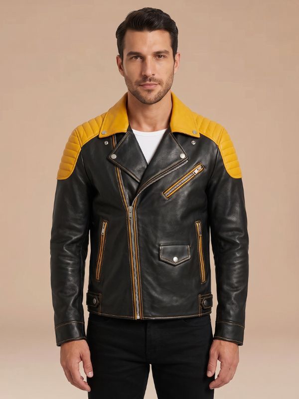 Men's Black & Yellow Genuine Leather Moto Biker Jacket