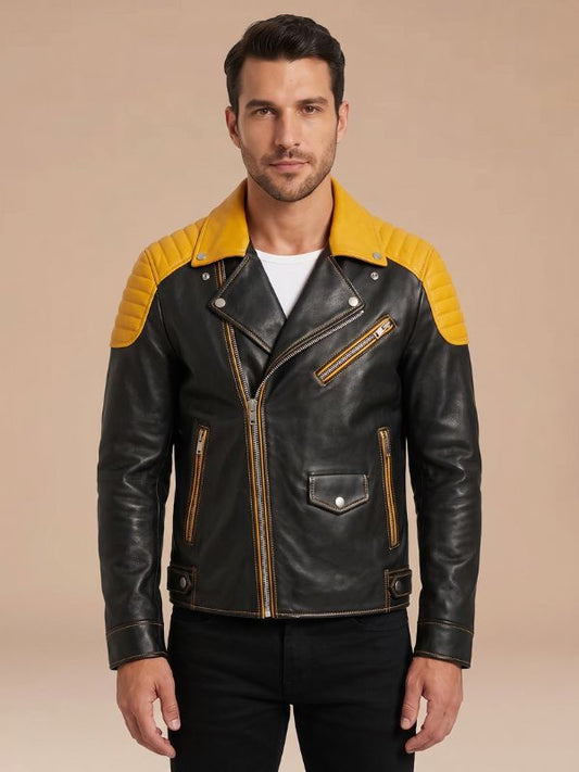 Men's Black & Yellow Genuine Leather Moto Biker Jacket