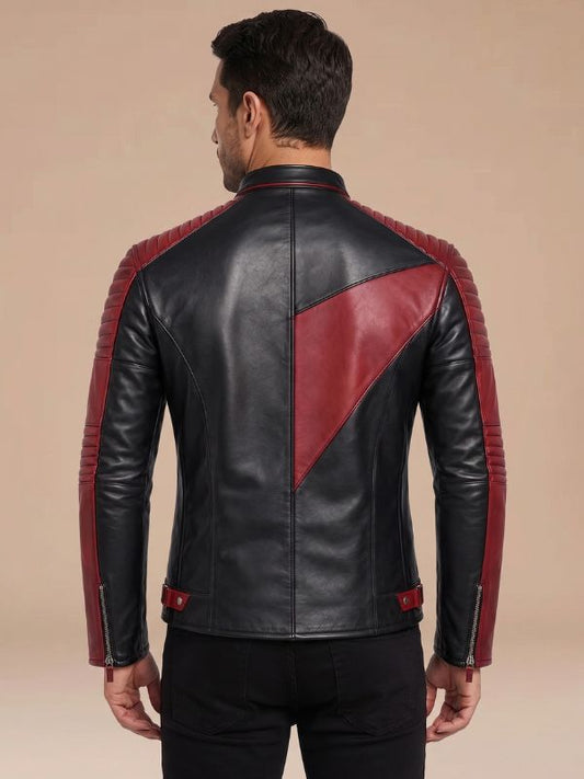 Men's Black and Maroon Genuine Leather Racer Jacket