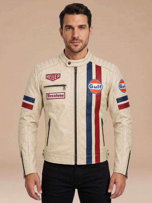 Men's Cream Leather Gulf Racing Biker Jacket
