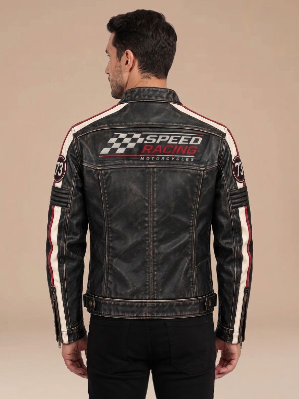 Men's Distressed Black Genuine Leather Speed Racing Moto Jacke