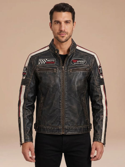 Men's Distressed Black Leather Racing Biker Jacket