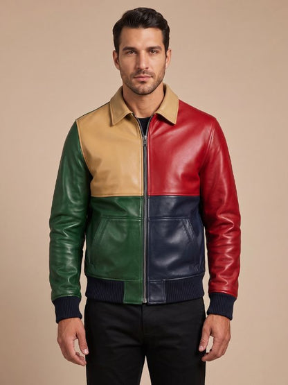 Men's Four-Panel Colorblock Leather Bomber Jacket