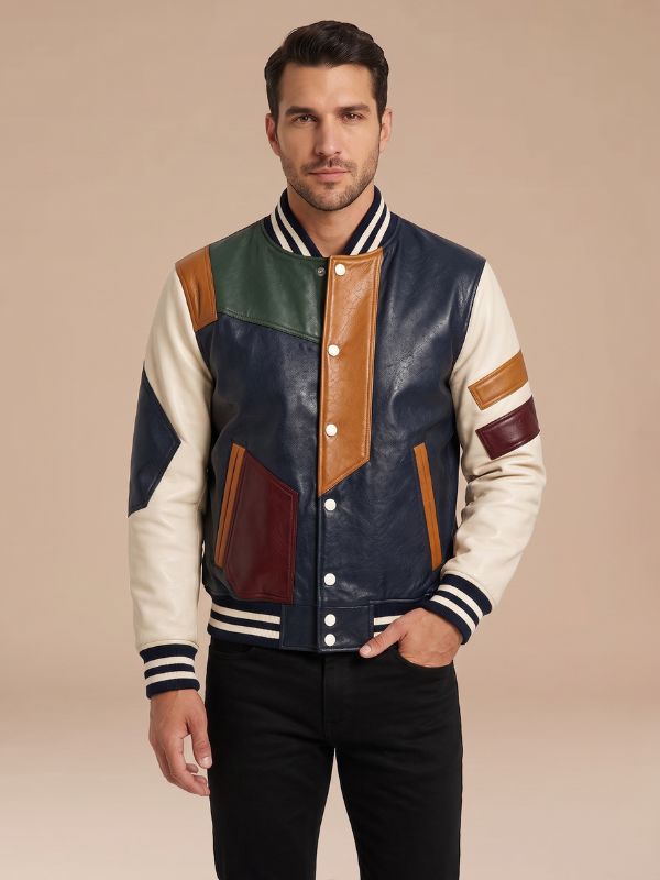 Men’s Handmade Color Block Genuine Leather Bomber Jacket