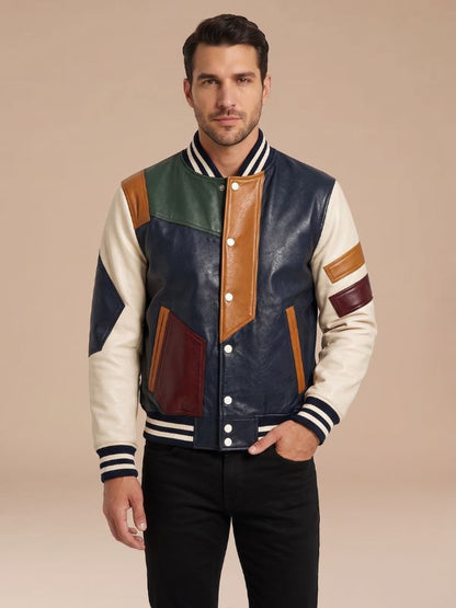 Men’s Handmade Color Block Genuine Leather Bomber Jacket