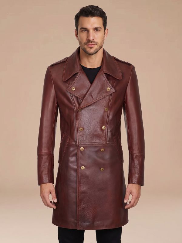 Men's Oxblood Leather Double-Breasted Coat