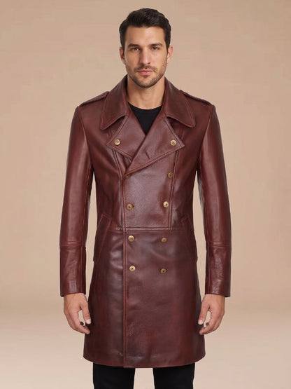 Men's Oxblood Leather Double-Breasted Coat