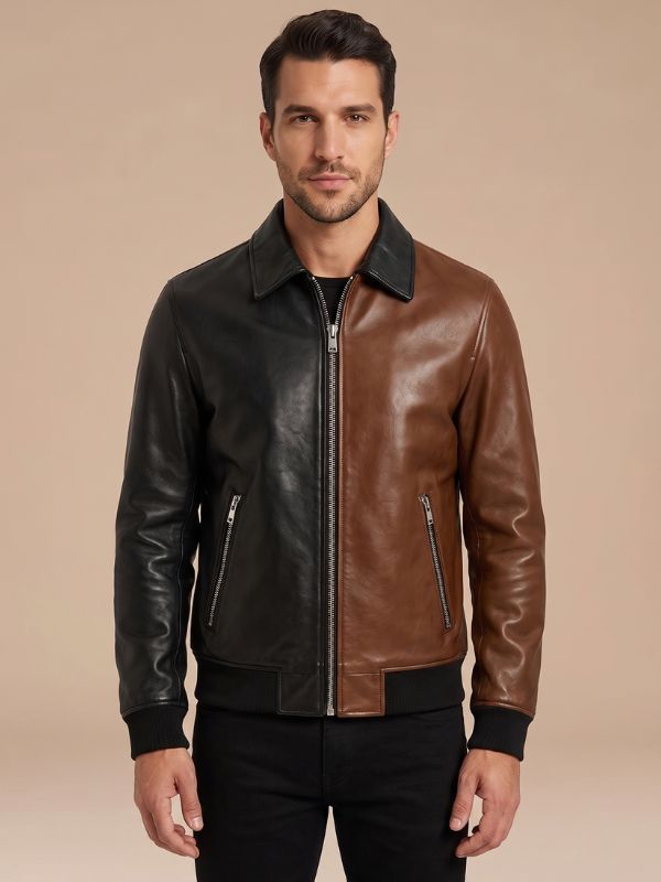 Men's Two-Tone Black & Brown Leather Bomber Jacket
