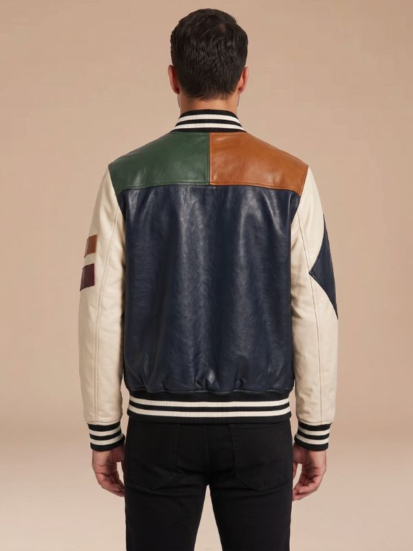 Men’s Vintage Colorblock Leather Bomber Jacket