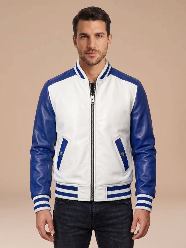 Men's White & Blue Genuine Leather Bomber Jacket