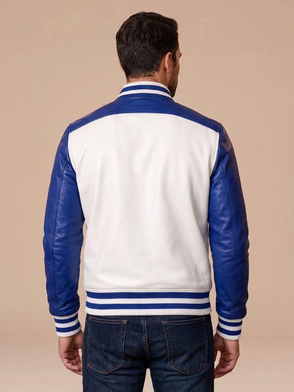 Men's White & Blue Genuine Leather Varsity Jacket