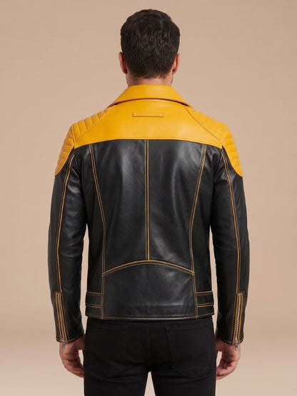 Men's Yellow Black Leather Cafe Racer Biker Jacket
