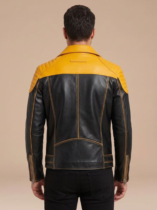 Men's Yellow Black Leather Cafe Racer Biker Jacket