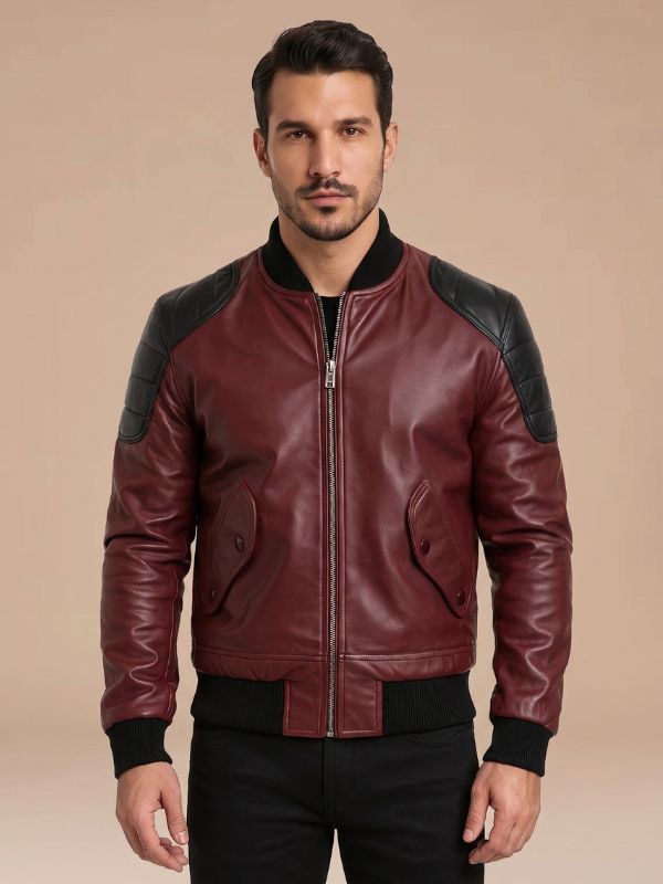 Mens Quilted Shoulders Maroon Black Leather Bomber Jacket
