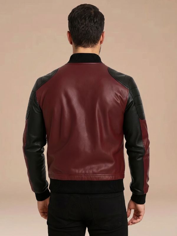 Mens Ribbed Collar Maroon Black Leather Bomber Jacket