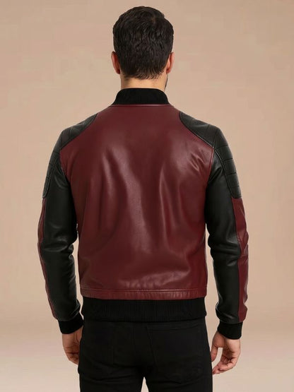 Mens Ribbed Collar Maroon Black Leather Bomber Jacket