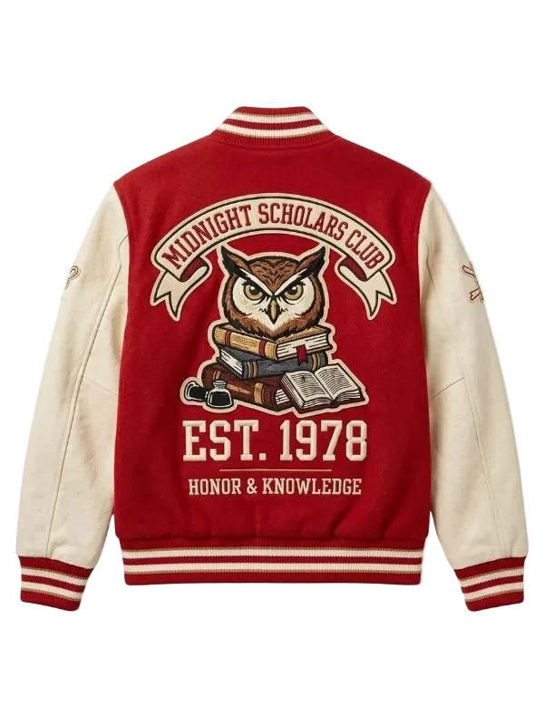 Owl Mascot Red and Cream Varsity Jacket