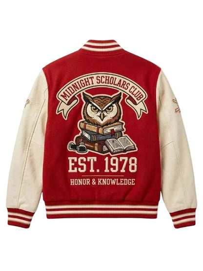 Owl Mascot Red and Cream Varsity Jacket