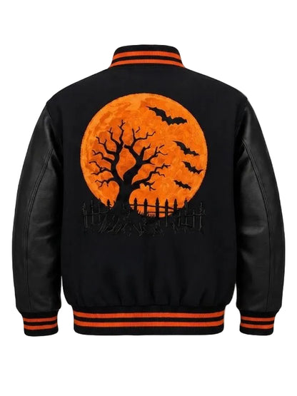 Pumpkin Full Moon Graveyard Black and Orange Varsity Jacket