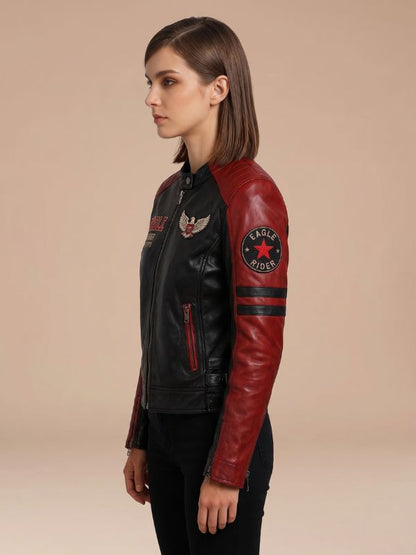 Women's Black & Red Leather Eagle Patch Moto Jacket