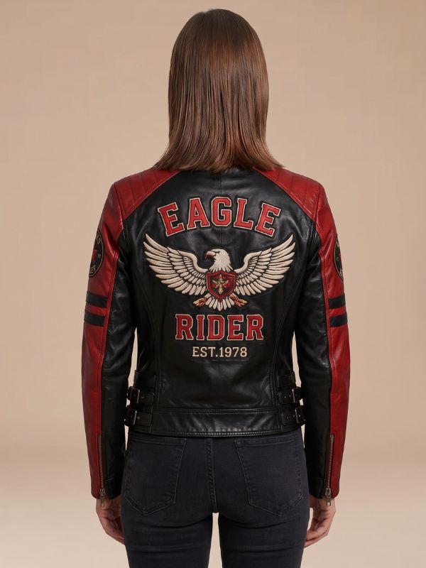 Women’s Eagle Rider Black & Red Sheepskin Leather Cafe Racer Jacket