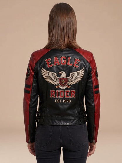 Women’s Eagle Rider Black & Red Sheepskin Leather Cafe Racer Jacket