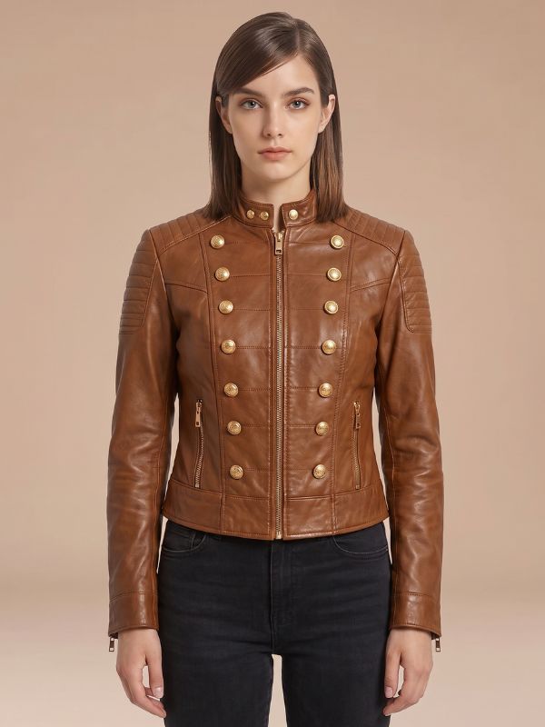 Women's Military Style Brown Leather Biker Jacket