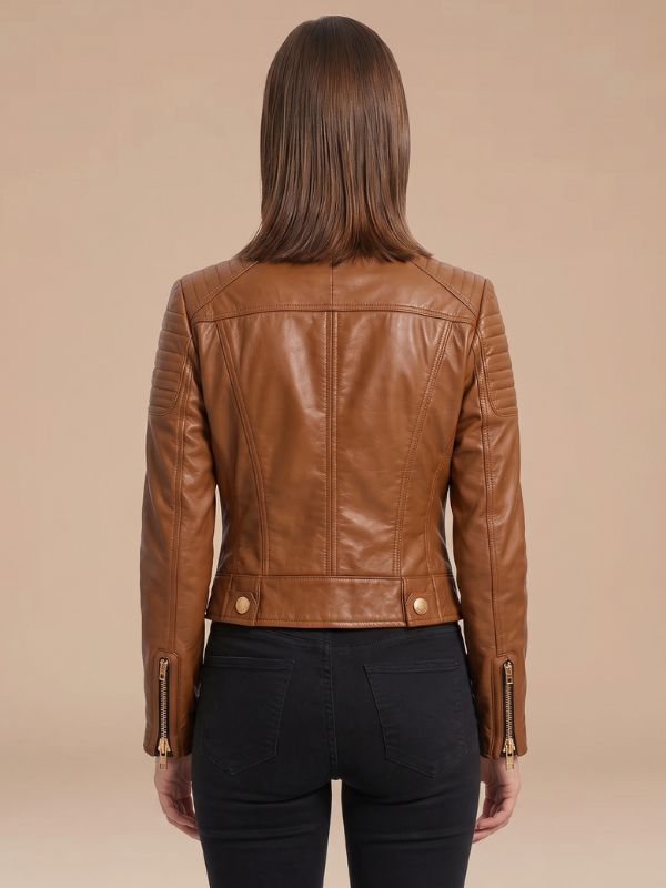 Women's Military Style Brown Leather Motorcycle Jacket