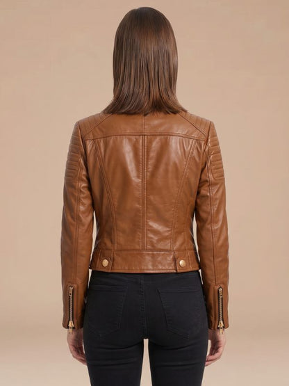 Women's Military Style Brown Leather Motorcycle Jacket