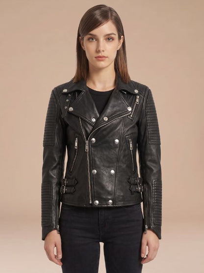 Womens Rebecca Quilted Black Leather Biker Jacket