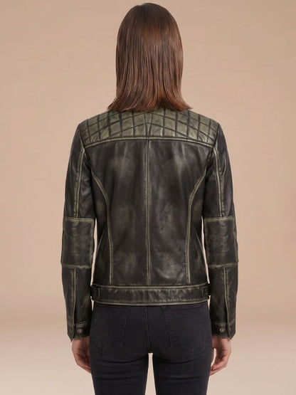 Womens Vintage-Washed Black Leather Moto Jacket