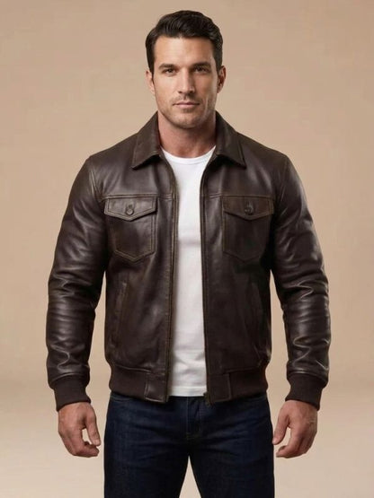 Men's Genuine Brown Leather Bomber Jacket 