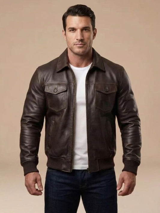 Men's Genuine Brown Leather Bomber Jacket 